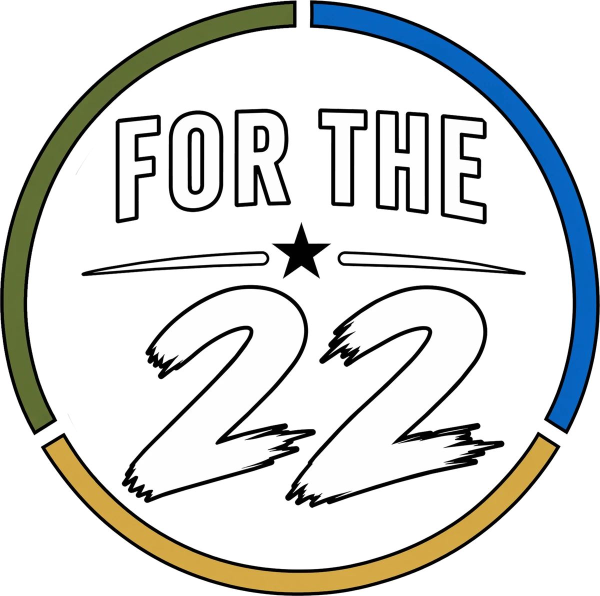 The refined For the 22 logo: a single ring in Ranger Green, Blue, and Muted Gold around the words For the 22.